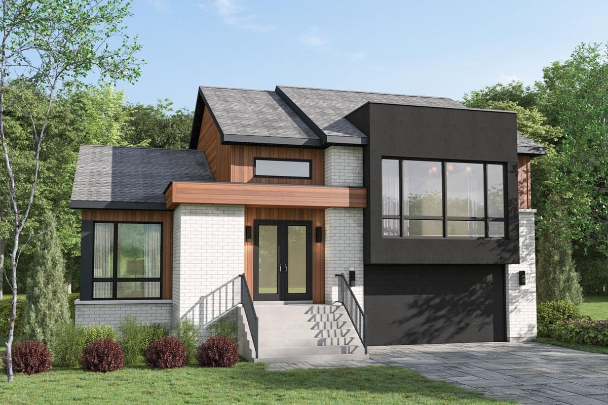 House plan exterior. Modern style with brick and wood siding. Features include a two-story design, flat and gabled rooflines, and a two-car garage.