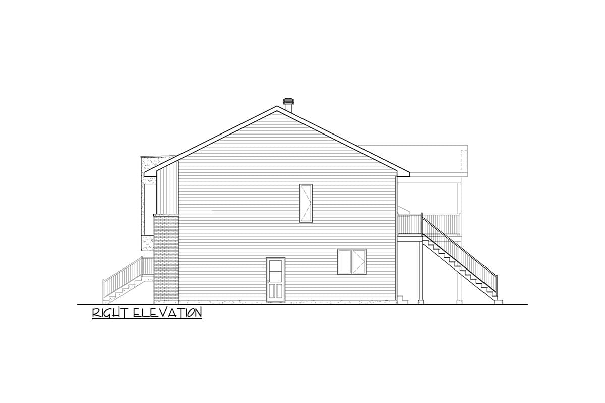 Right elevation drawing of a two-story house with horizontal siding, brick accents, a prominent gable roof, and a rear deck with stairs.