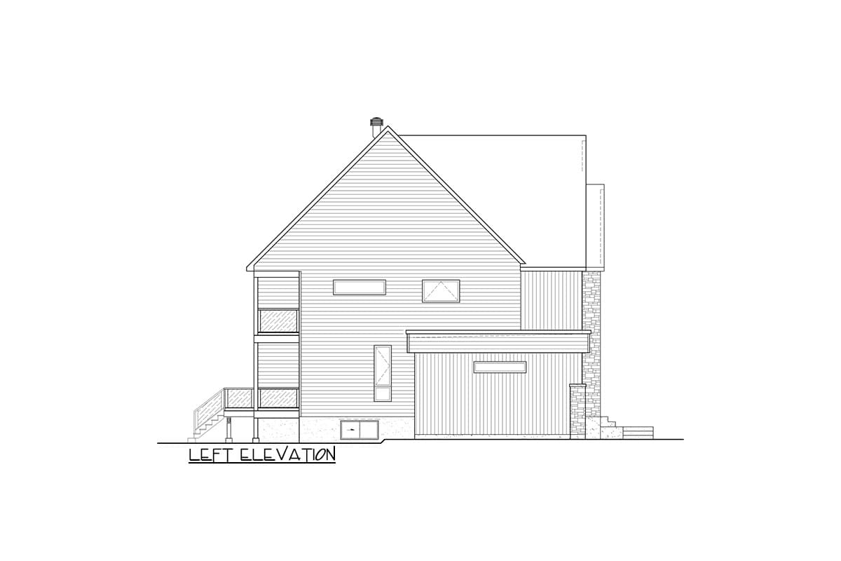 Left elevation house plan: two-story structure with horizontal siding, stone accents, balconies, and gabled roof.