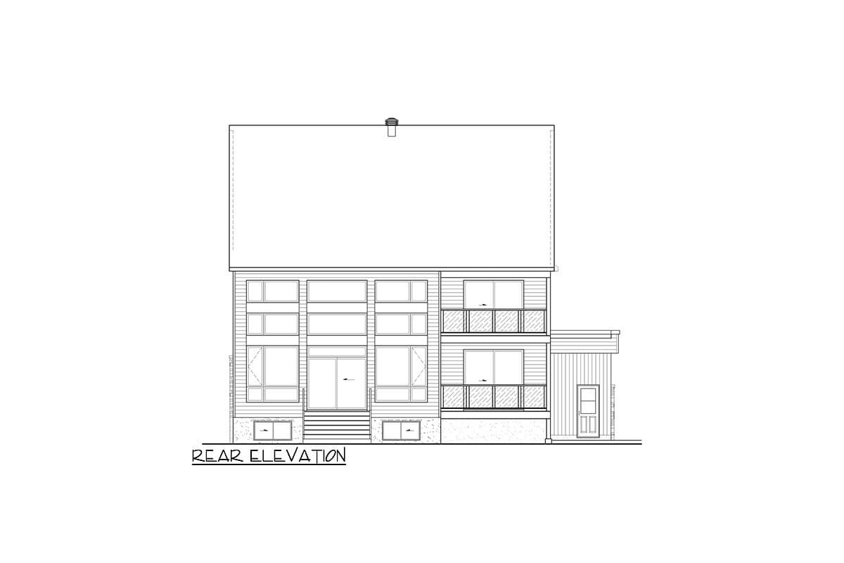 Rear elevation drawing of a two-story house plan with large windows, balconies, and a detached garage structure.