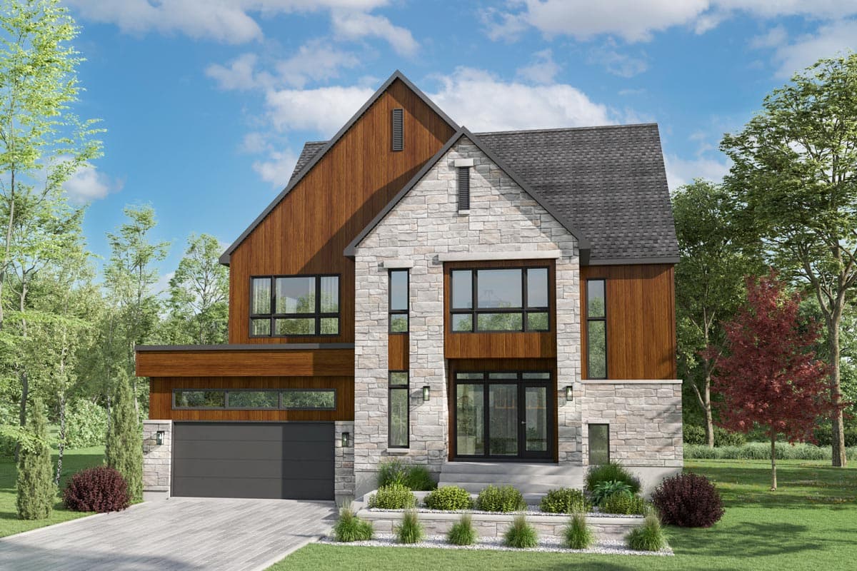 House plan exterior with two stories, stone and wood siding, gabled roof, and attached garage. Includes large windows and a front entry.