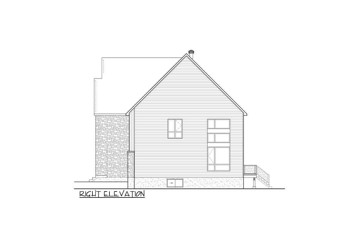 Right elevation drawing of a house plan showing stone and clapboard siding, gabled roof, and multiple windows.