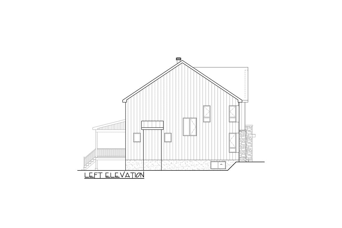 Left elevation drawing of a house plan with a gabled roof, vertical siding, porch, and stone accents.