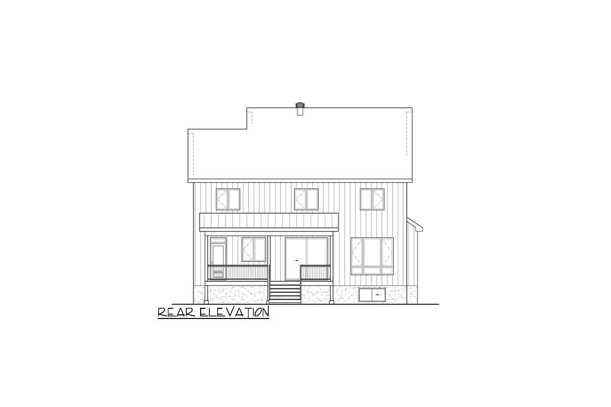 Rear elevation house plan with a covered porch, multiple windows, and a two-story design.