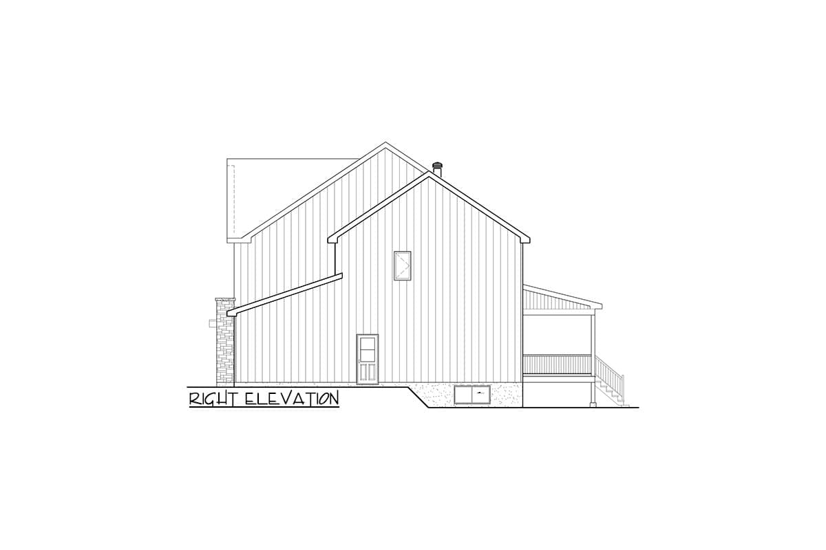Right elevation of a two-story house plan with vertical siding, gable roof, stone chimney, and covered porch with stairs.