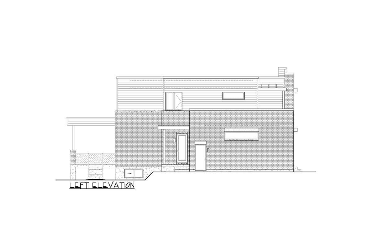 Left elevation drawing of a two-story house with brick and horizontal siding, covered porch, and varied rooflines.