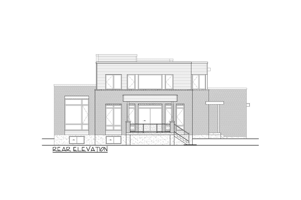 Rear elevation of a two-story house plan with brick base, siding upper level, covered porch, and large windows.