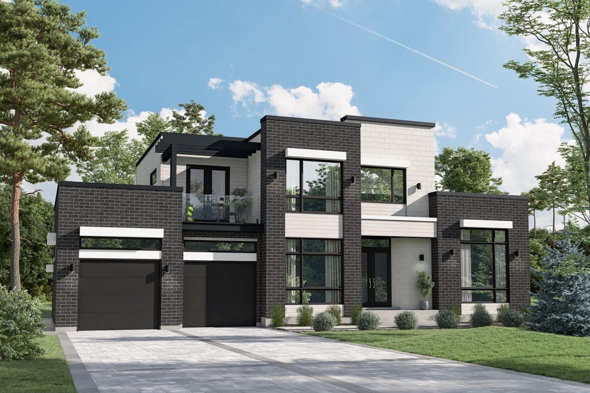 House plan exterior. Modern style, two-story home with a flat roof. Features include a two-car garage, balconies, and brick and siding facade.