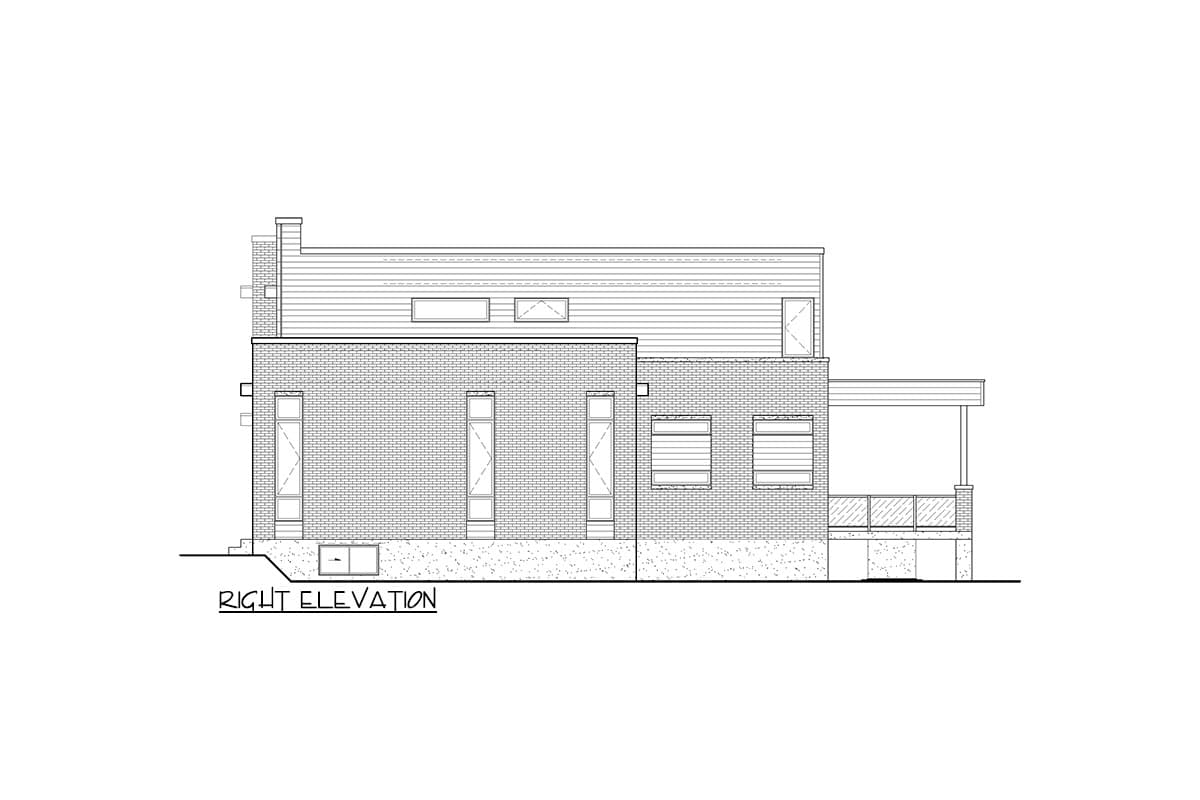 Right elevation drawing of a two-story house with brick facade, horizontal siding, multiple windows, and a covered porch.