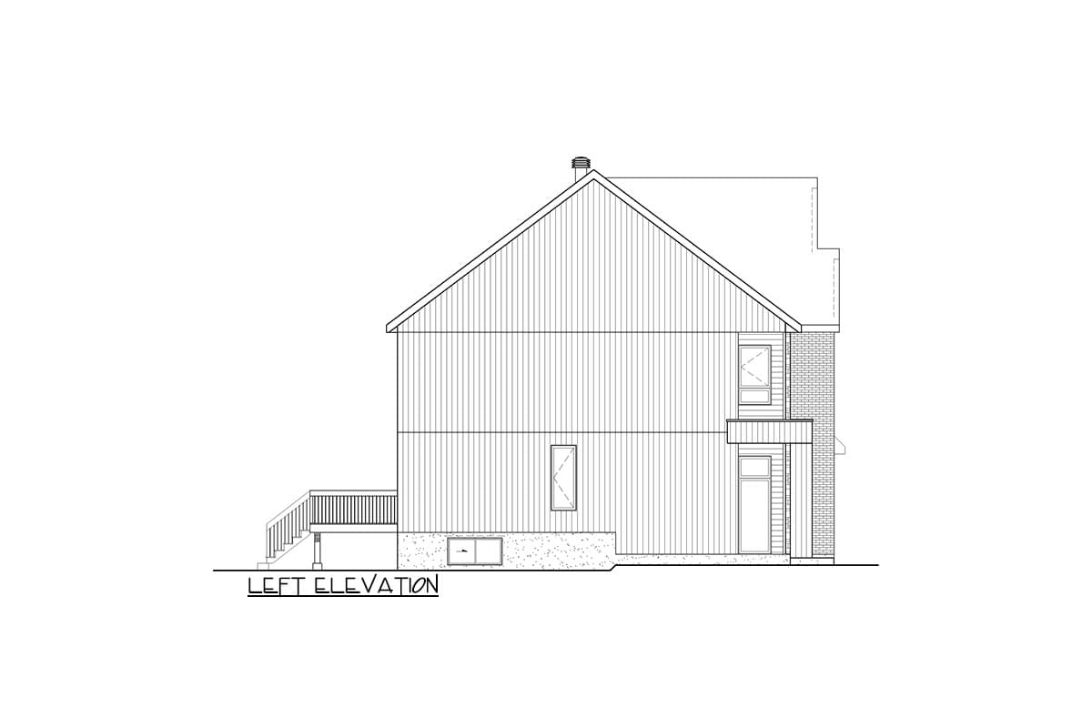 Left elevation drawing of a two-story house plan with a gabled roof, vertical siding, deck, and brick accents.