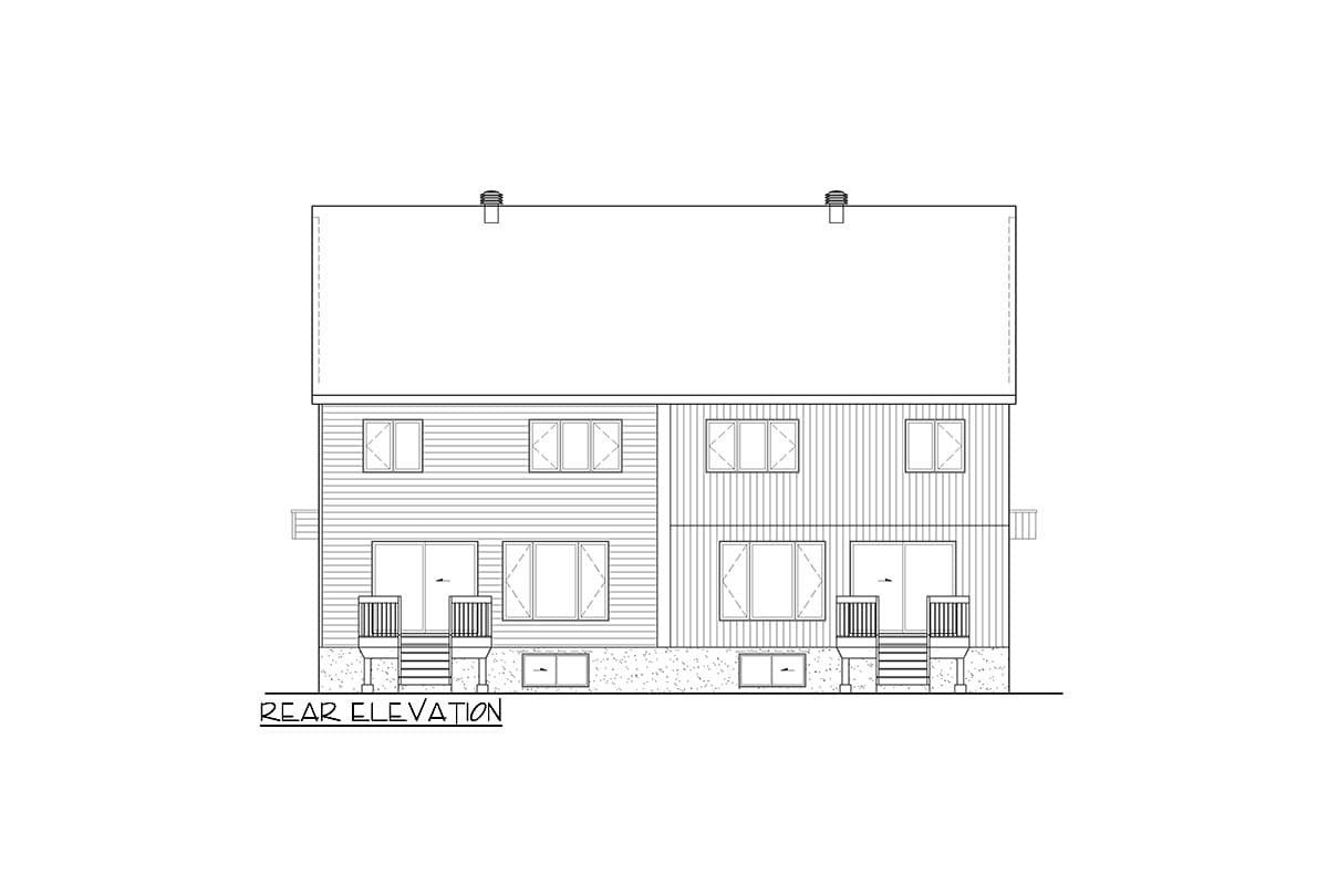 Rear elevation drawing of a two-story house with two units, showing siding, windows, and two tiered decks.