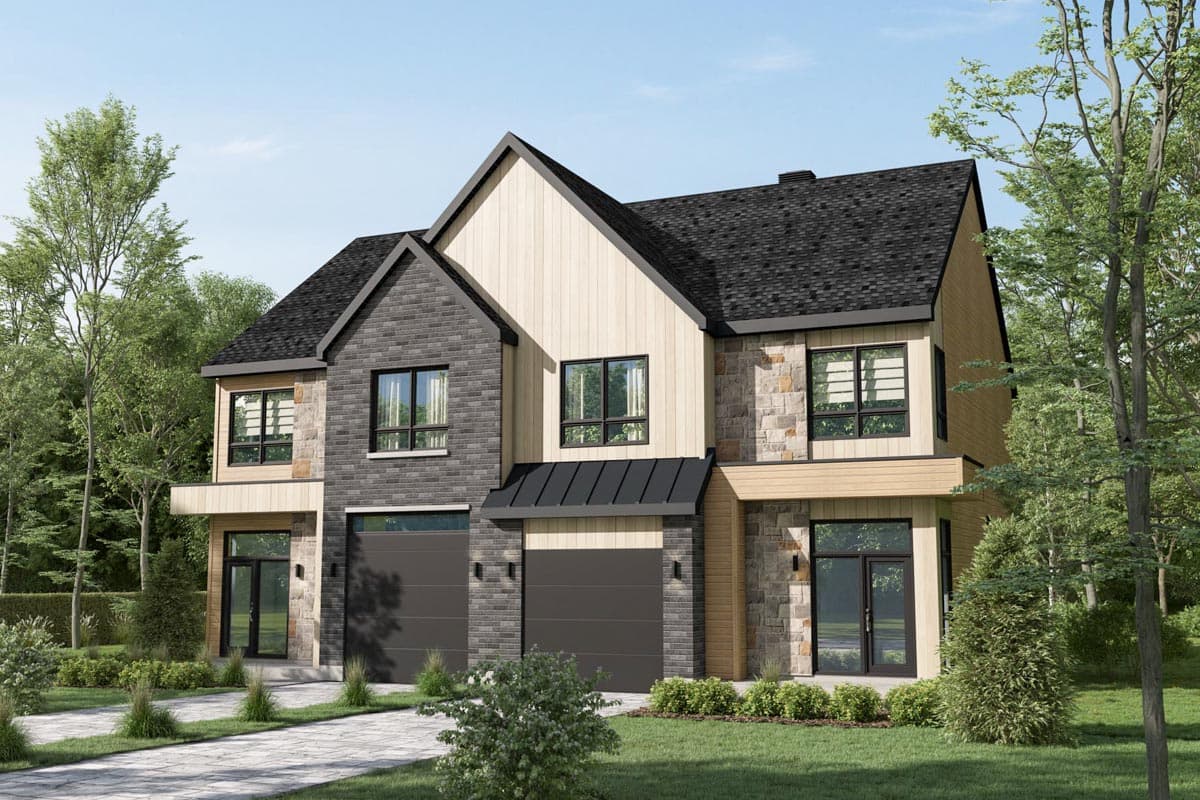 House plan exterior. Two-story Modern style with contrasting brick and siding. Features include multiple gables, stone accents, and attached garages.