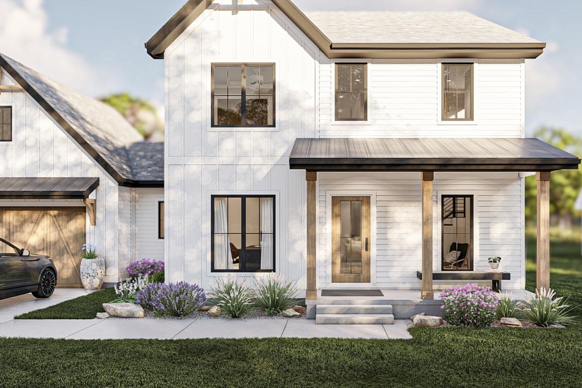 Modern Farmhouse house plan exterior with board and batten siding, two stories, gabled roof, and covered front porch with timber posts.