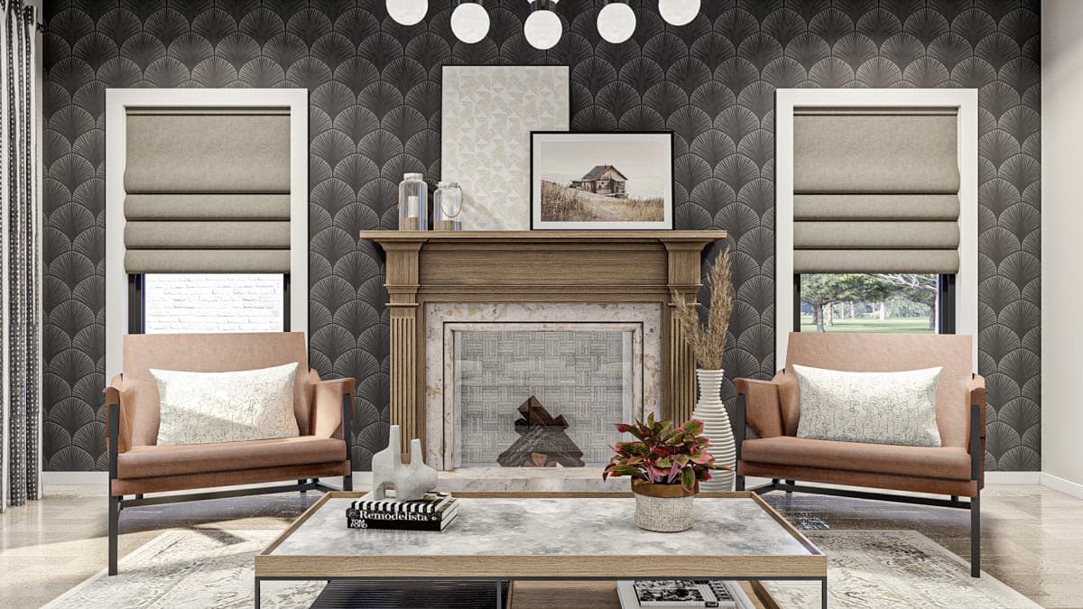 Living room rendering with fireplace, two chairs, coffee table, and patterned wallpaper.