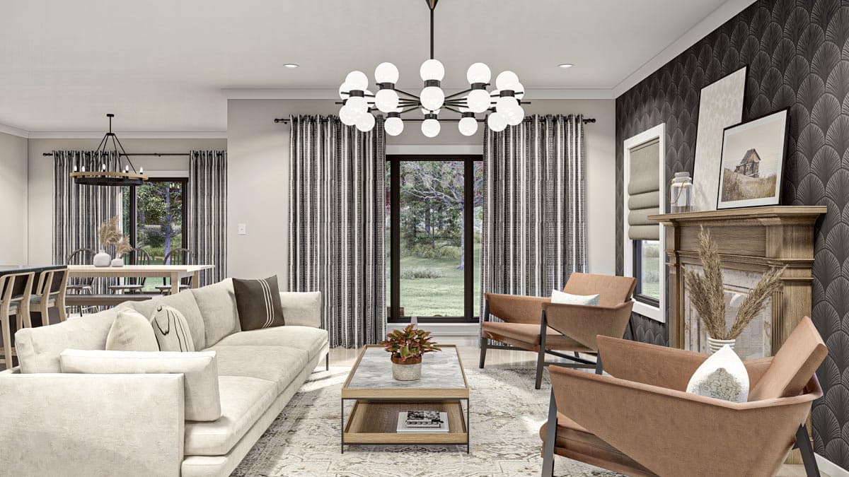 Interior rendering of a living room featuring a sectional sofa, fireplace, large windows, and a dining area beyond.
