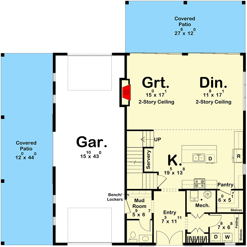 Plan 623233DJ: 2606 Square Foot Barndominium-Style House Plan with Drive-Through Garage - Floor Plan - Main Level - Barndominium, Country, Modern Farmhouse, Mountain, New American, Rustic