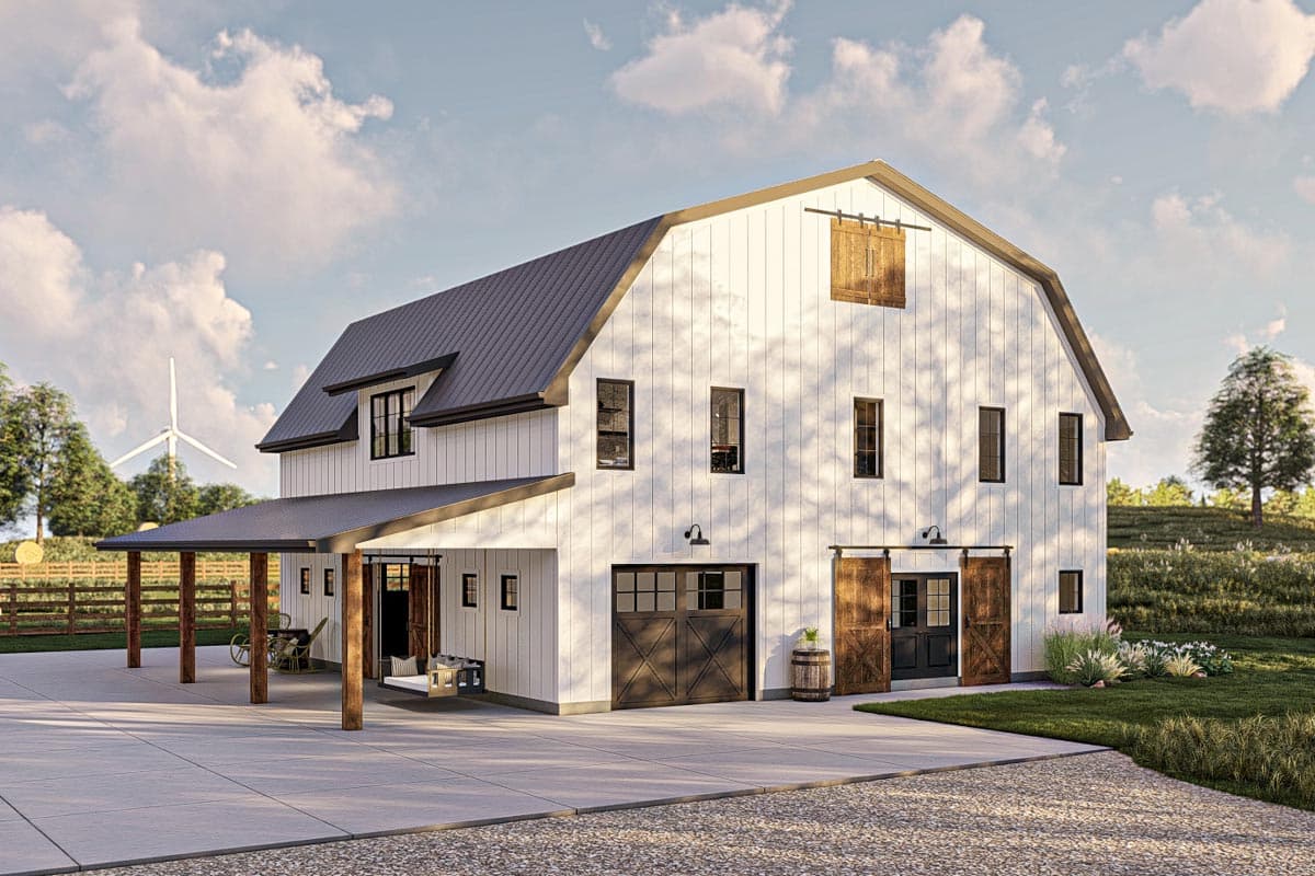 House plan exterior. Two-story barn-style house with shed roof porch, gable roof, and sliding barn doors on the garage.