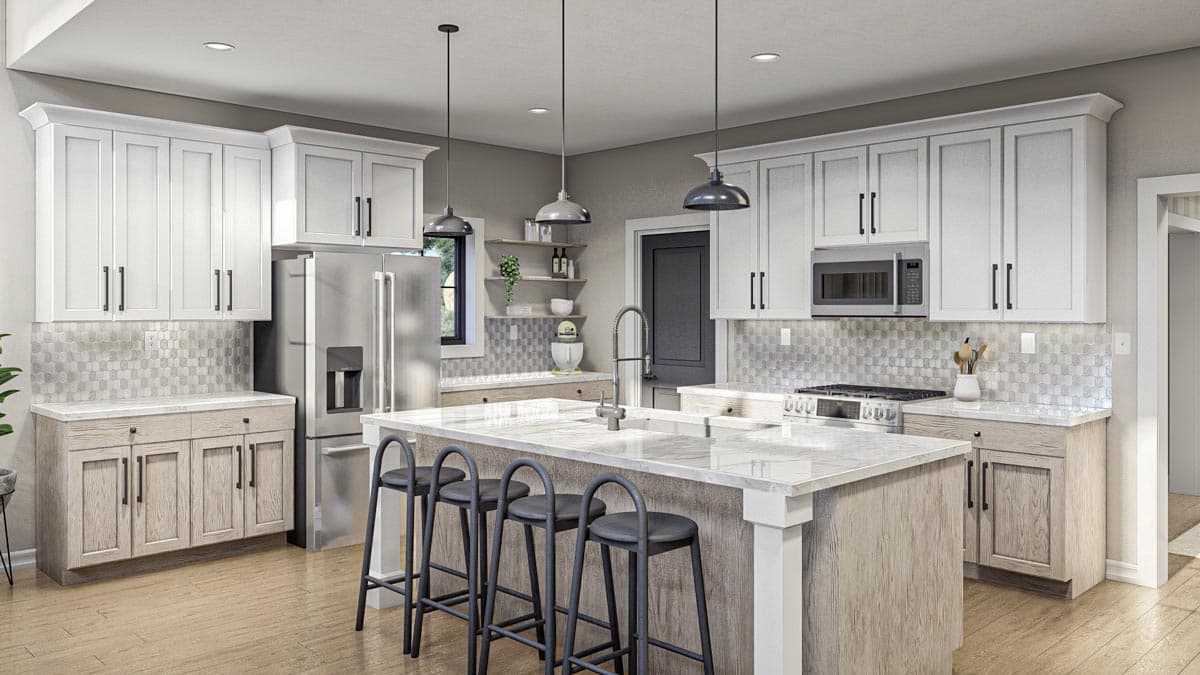 Kitchen with white upper cabinets, wood lower cabinets, large island with sink, and stainless steel appliances.