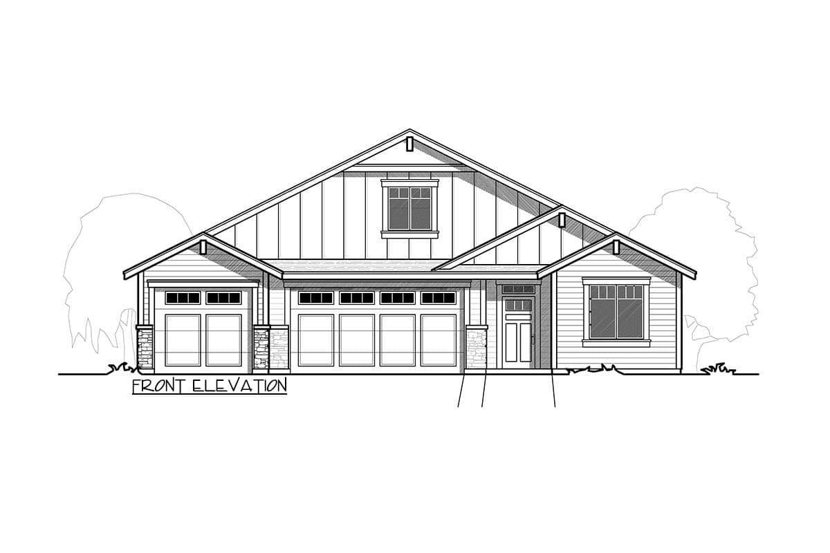Front elevation of a Modern Farmhouse plan with a large gable, 4-car garage, dormer window, and stone accents.