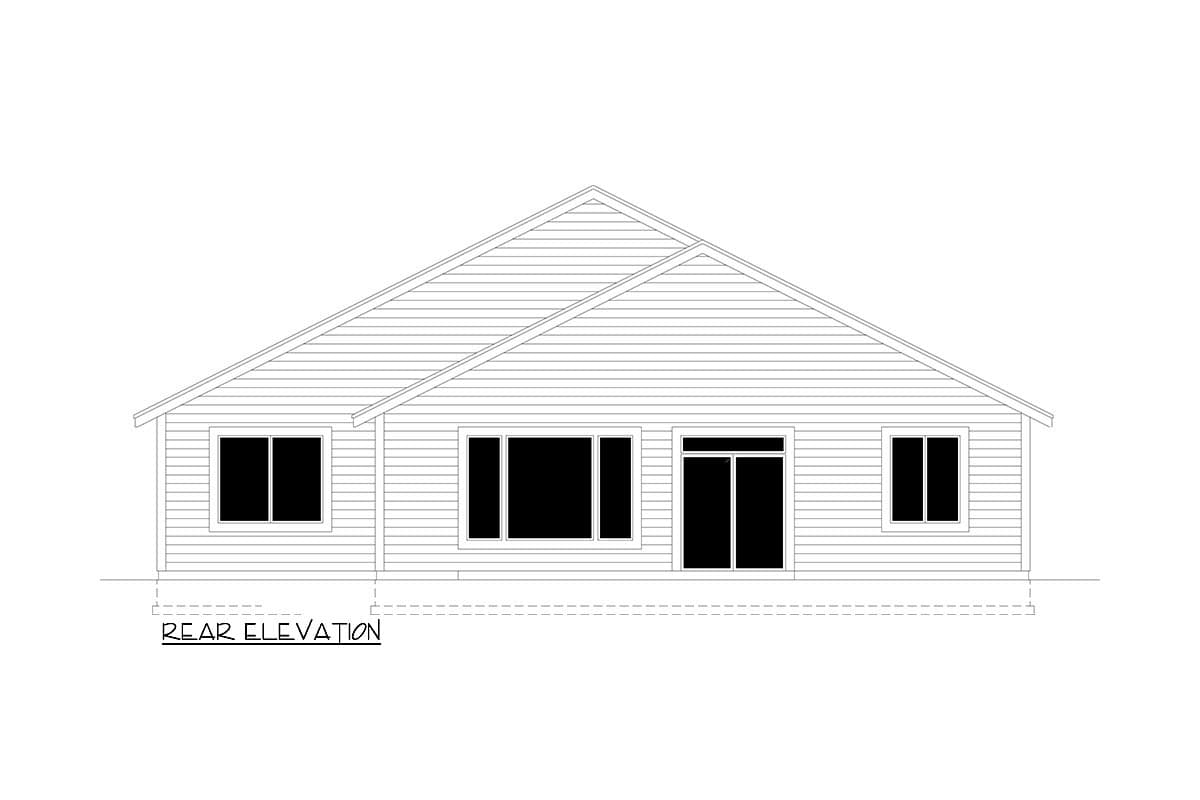 Rear elevation drawing of a single-story house with horizontal siding, a gable roof, and three windows.