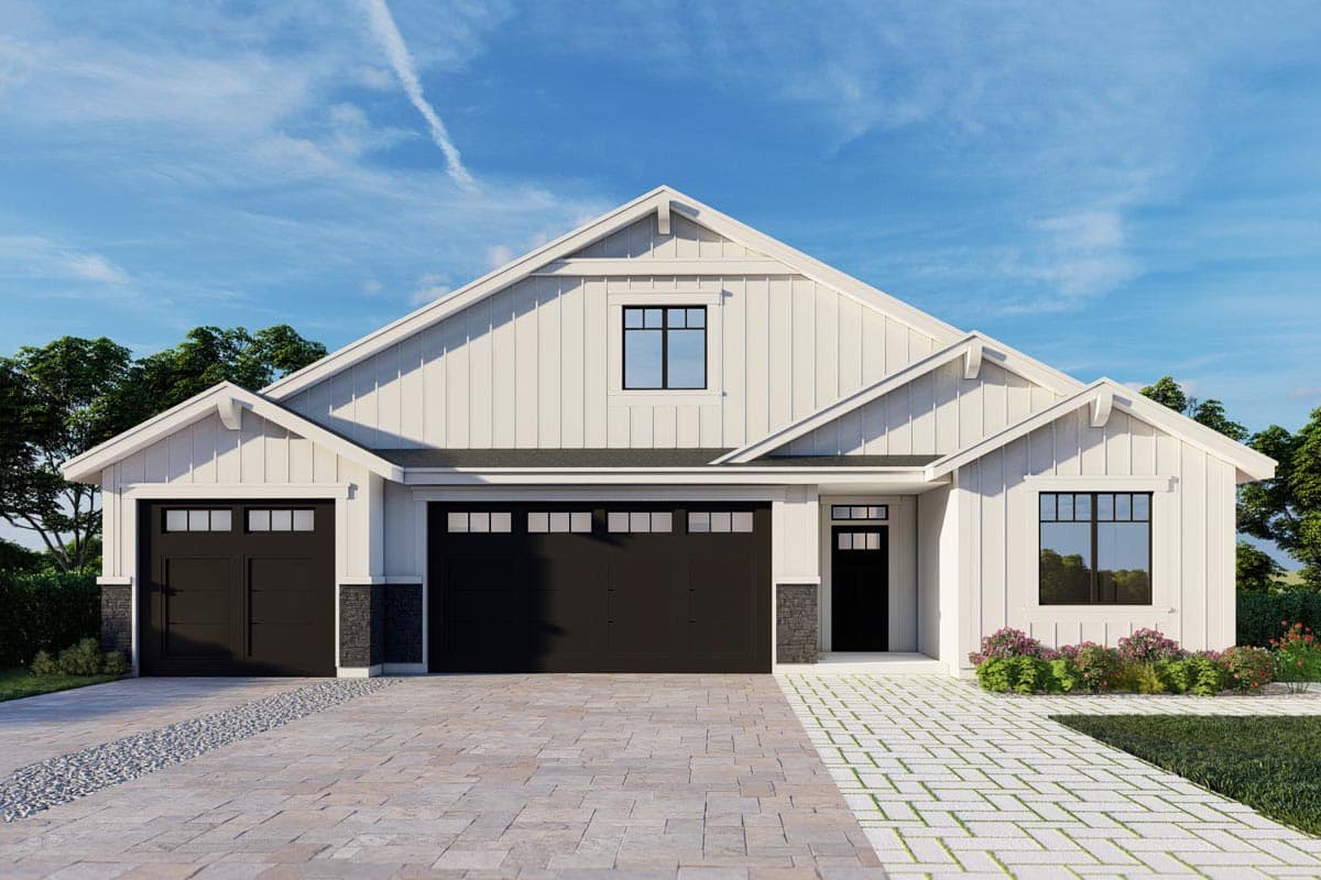 House plan exterior. Modern Farmhouse style with two stories. Features include a gable roof, two-car garage, and vertical siding.