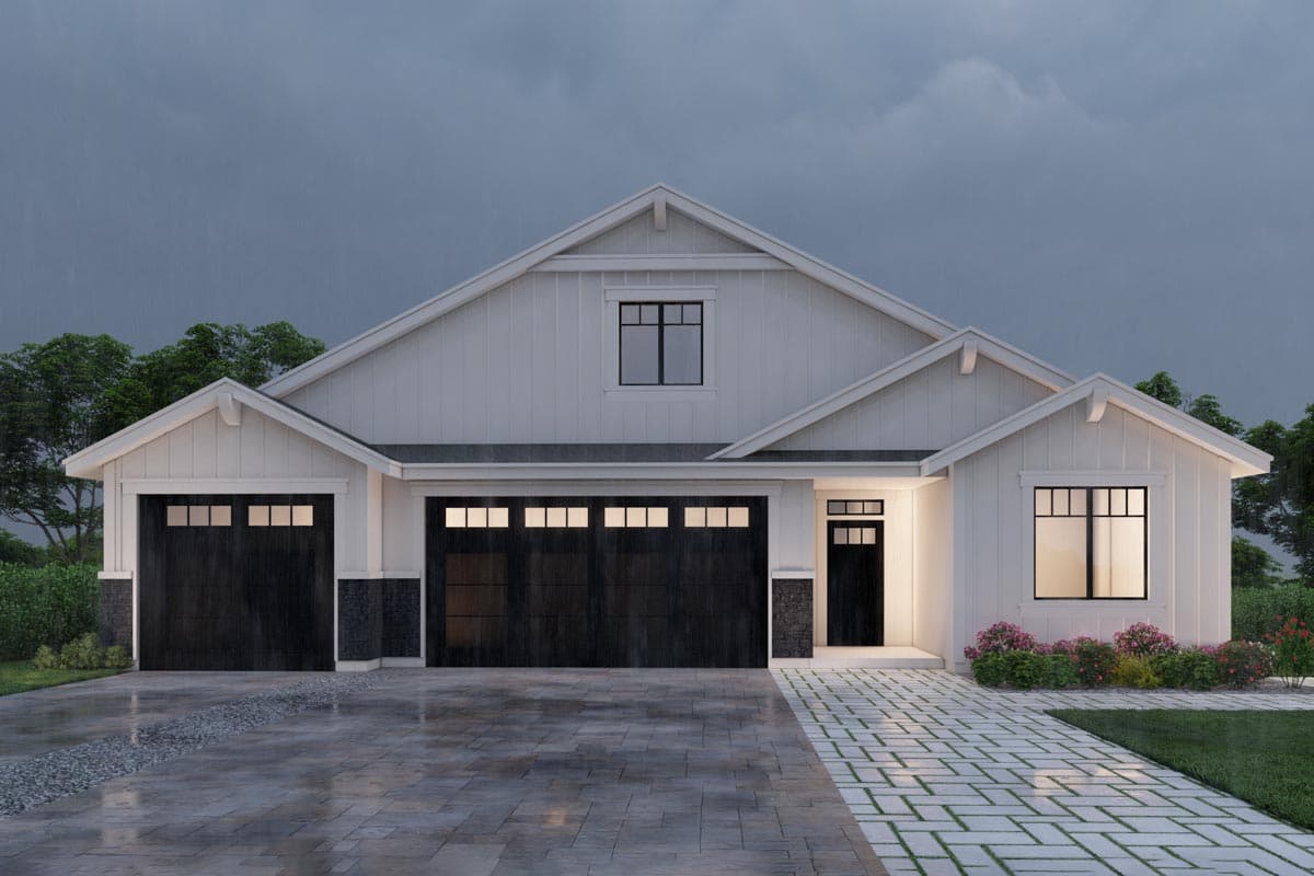 Modern Farmhouse house plan exterior with a triple-car garage, gable rooflines, and a prominent dormer.