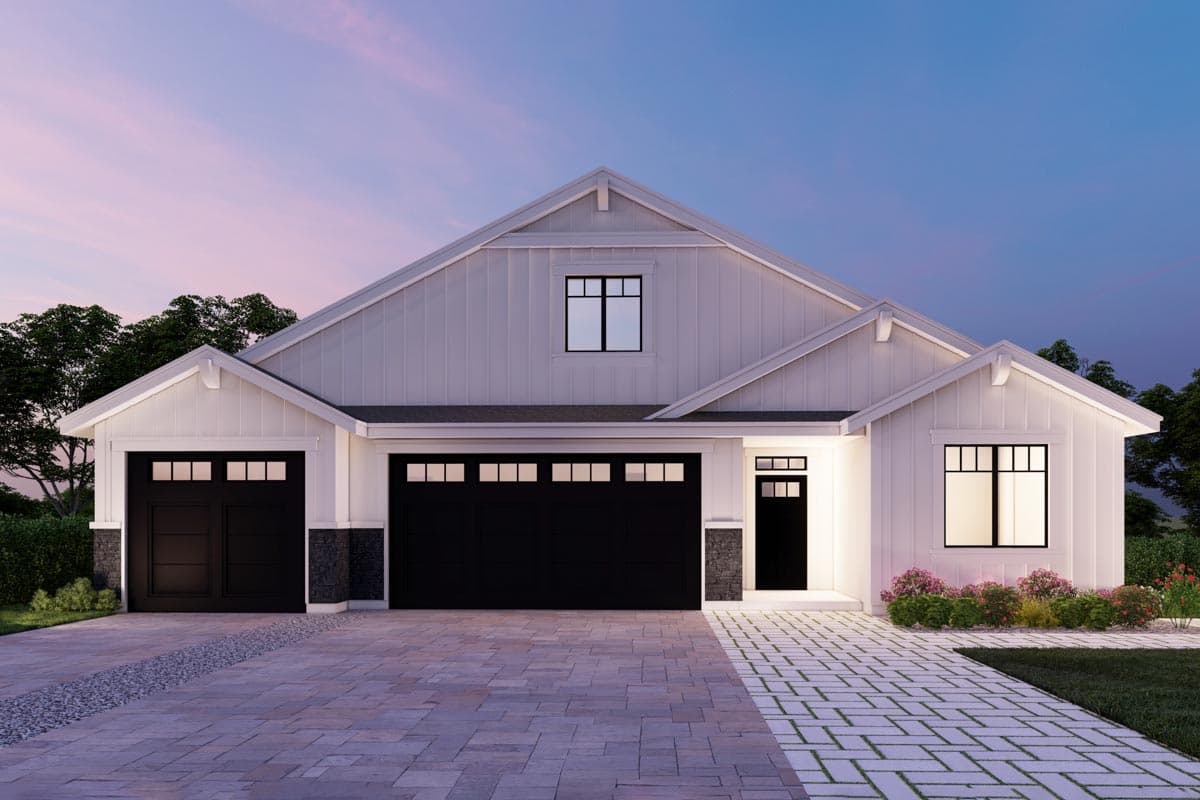 Modern Farmhouse house plan exterior with a prominent gable, board and batten siding, and a three-car garage.