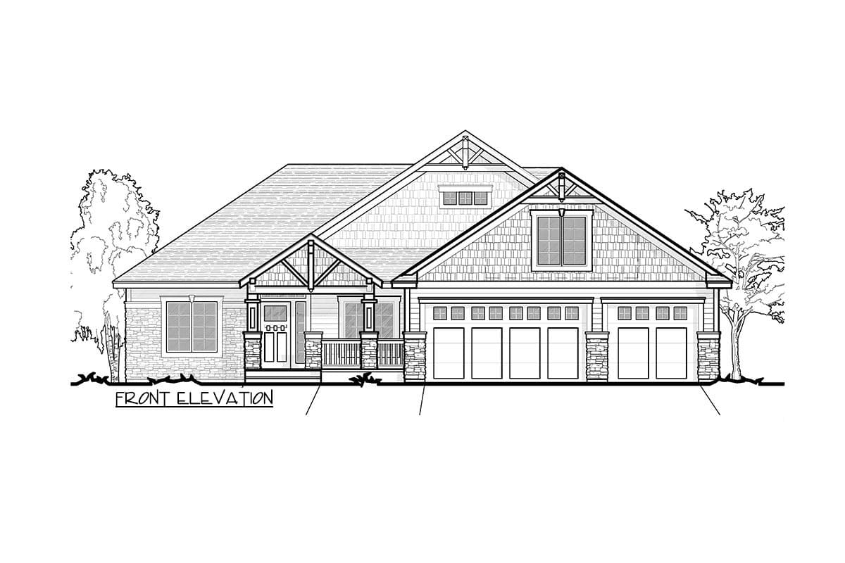 Front elevation drawing of a one-story house with a prominent gable, covered entry, and a five-car garage.