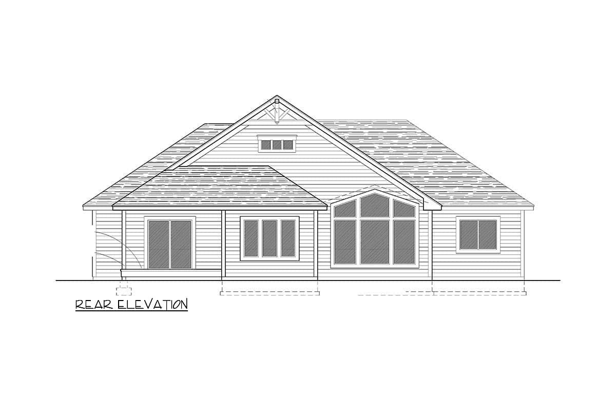 Rear elevation house plan showing a single-story home with a prominent gable, varied window arrangements, and siding.