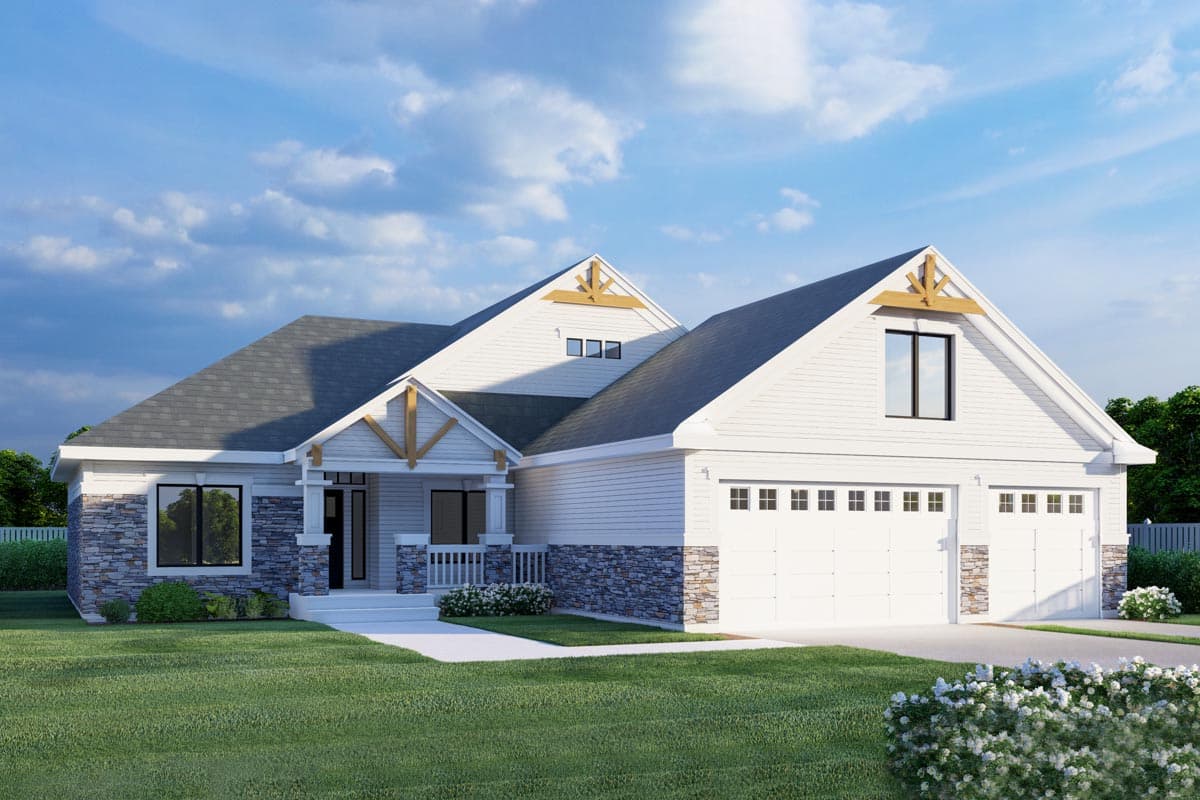 House plan exterior. Two-story Modern Farmhouse with gable roof, stone accents, and front porch. Includes two-car garage with dormers.