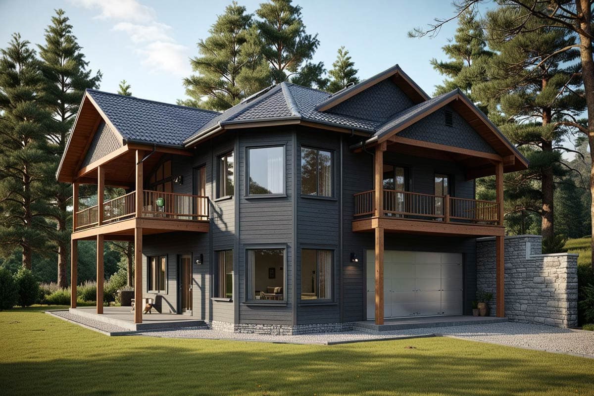 Log home exterior with multi-level decks, prominent gables, octagonal bay, and attached garage.
