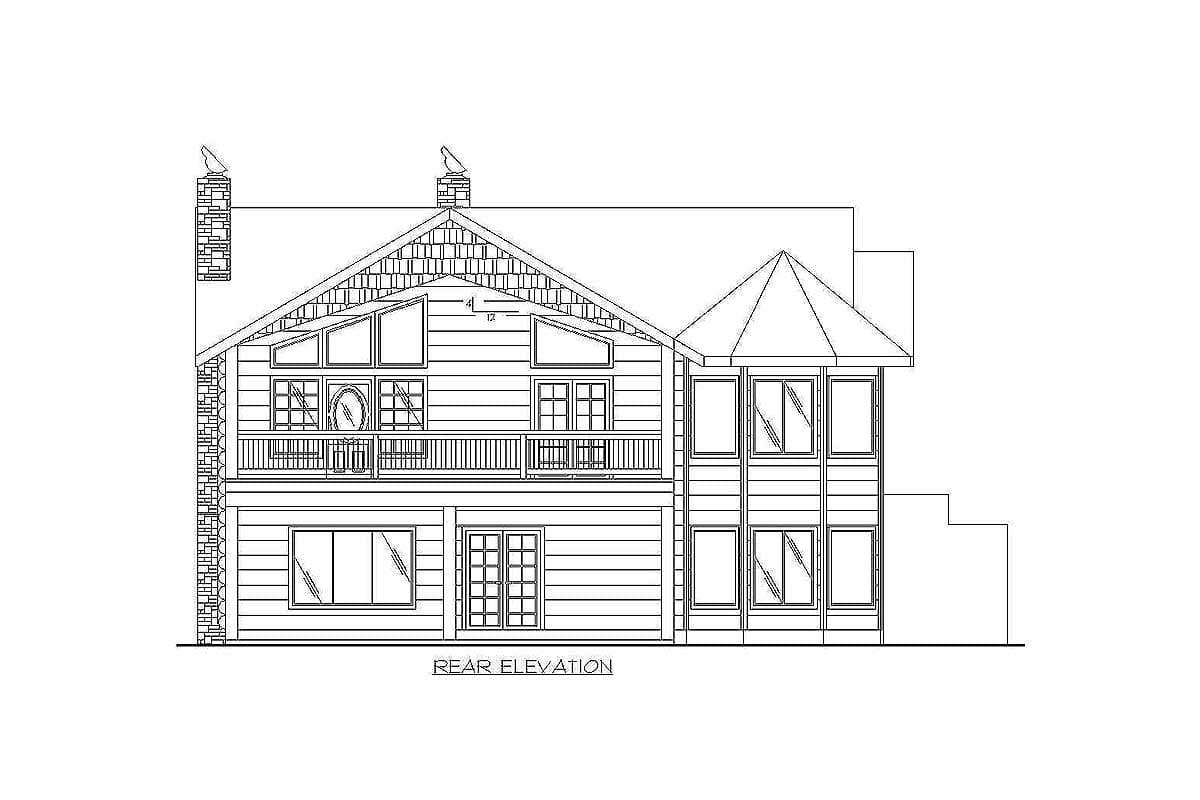 Rear elevation drawing of a house with two chimneys, a prominent gable with angled windows, and a second-story balcony.