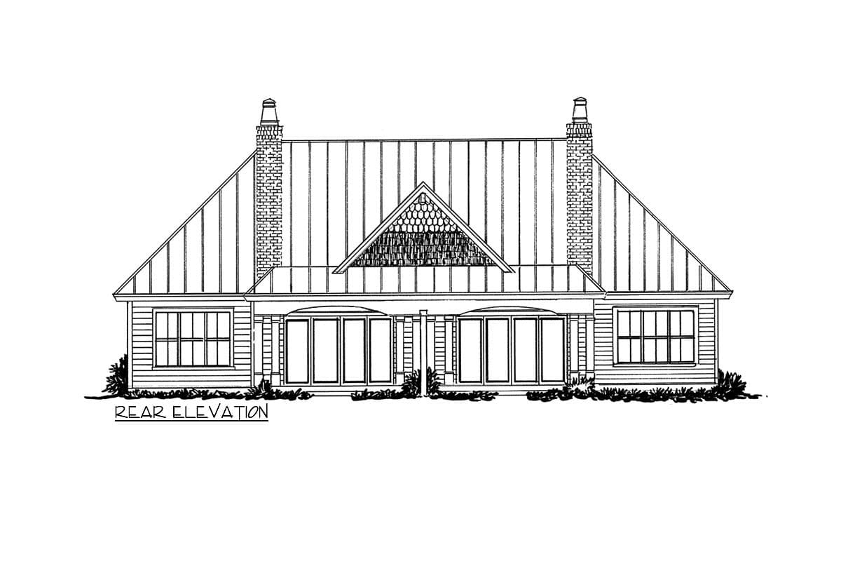 Rear elevation drawing of a house plan with symmetrical gables, brick chimneys, and multiple sets of French doors.