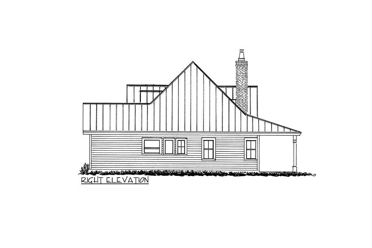 Right elevation house plan: multiple gables, metal roof, brick chimney, porch column, horizontal siding, and several windows.
