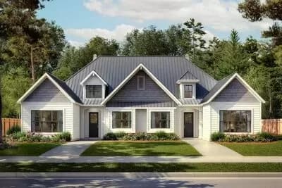 New American Duplex House Plan with Matching 1371 Square Foot 2-Bed Units