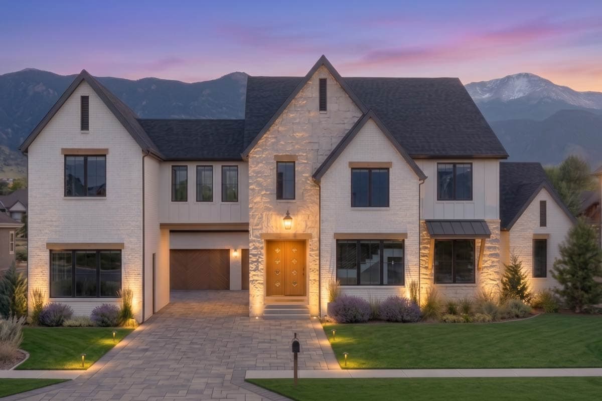 Modern Farmhouse house plan exterior with white brick, stone accents, gable rooflines, and a side-entry garage.