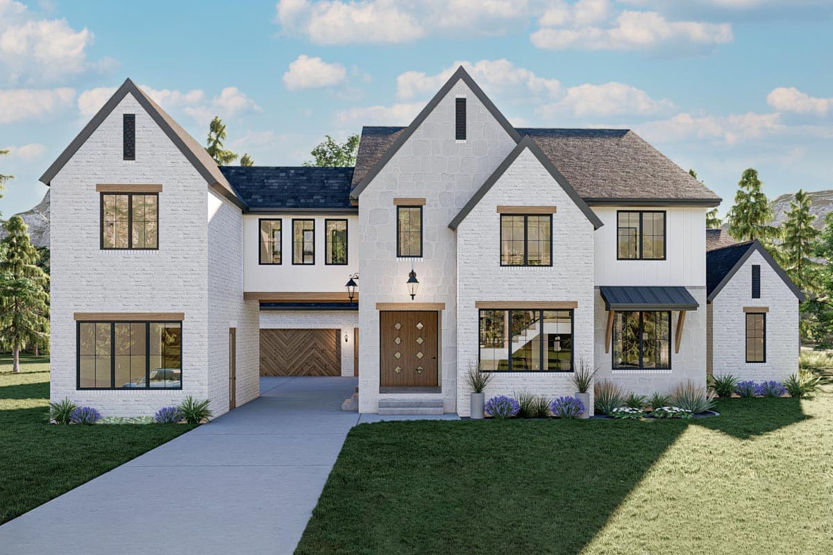 House plan exterior. Two-story Modern Farmhouse with gabled roof, brick and stone facade, and attached garage. Includes several dark framed windows.