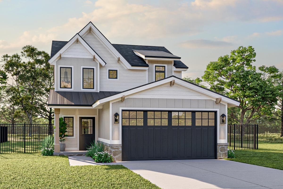 House plan exterior. Two-story Modern Farmhouse with gabled roof, dormers, and attached garage. Stone accents at base of garage and entry.