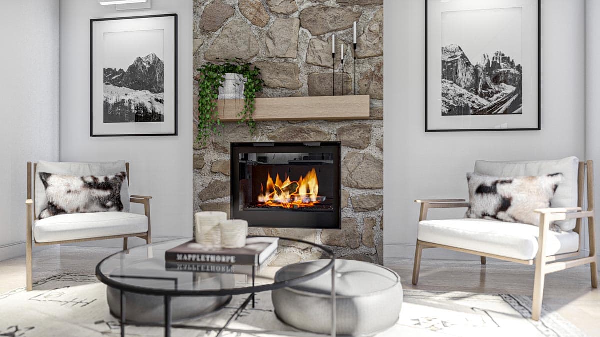 Living room rendering with stone fireplace, seating, coffee table, and mountain art.