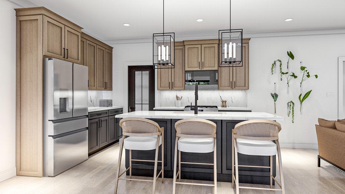 Kitchen rendering with a large island, two-tone cabinets, stainless steel refrigerator, and modern pendant lights.