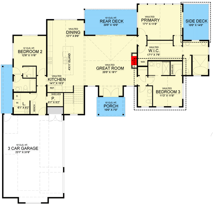 Plan 365032PED: Flexible Rustic Ranch with Finished Basement - Floor Plan - Main Level - Contemporary, Craftsman, Mountain, New American, Ranch, Rustic