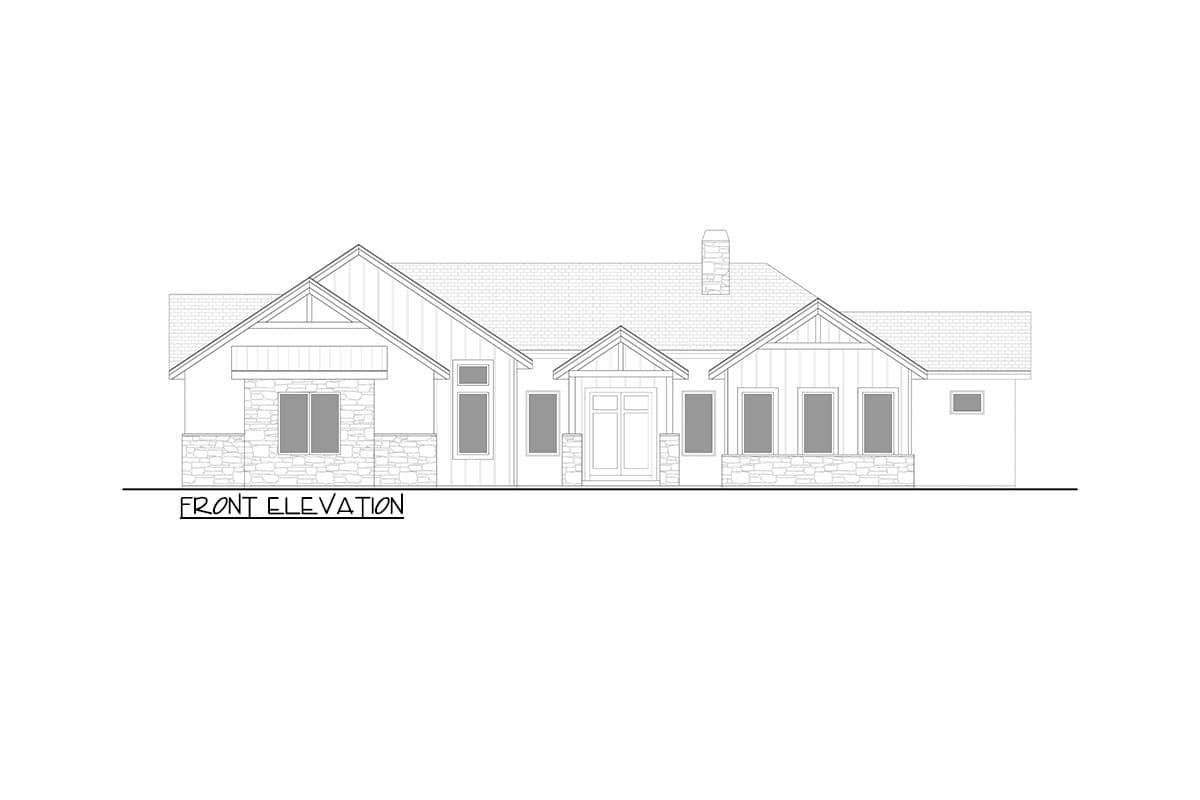 Front elevation drawing of a single-story house with stone accents, gabled dormers, and a covered entry.