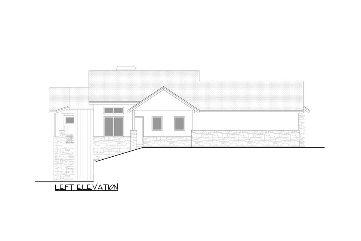 Left elevation of a one-story house plan with stone and board-and-batten siding, gabled roof, and covered porch.