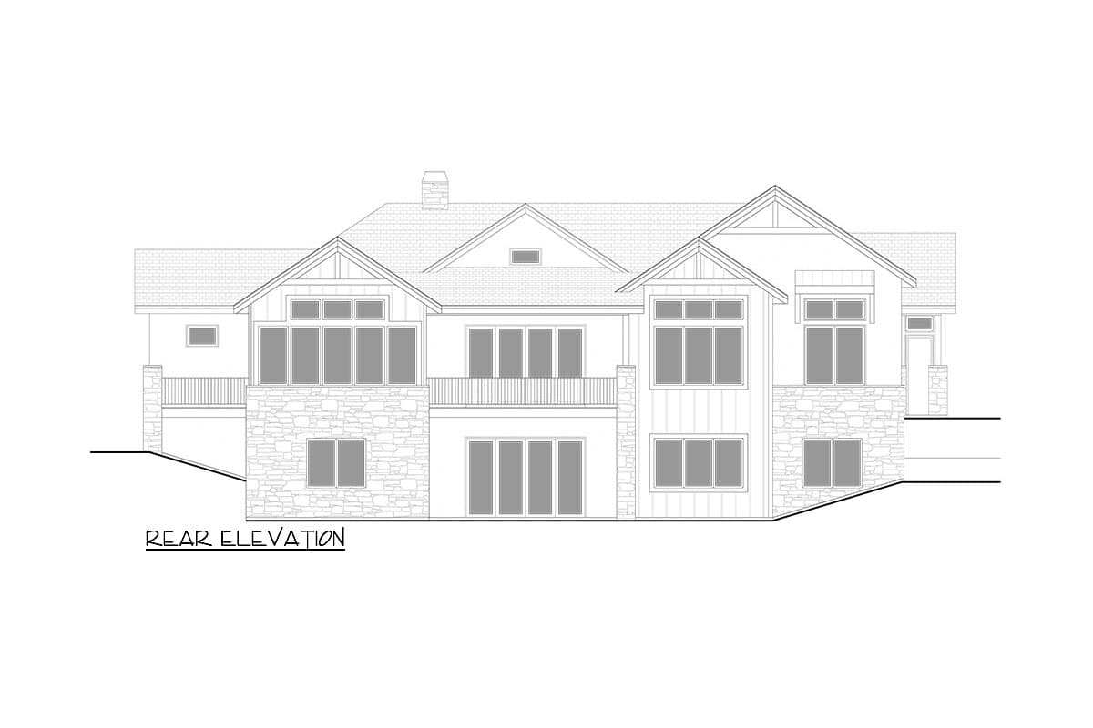 Rear elevation drawing of a house plan featuring stone and vertical siding, multiple gables, and a balcony.