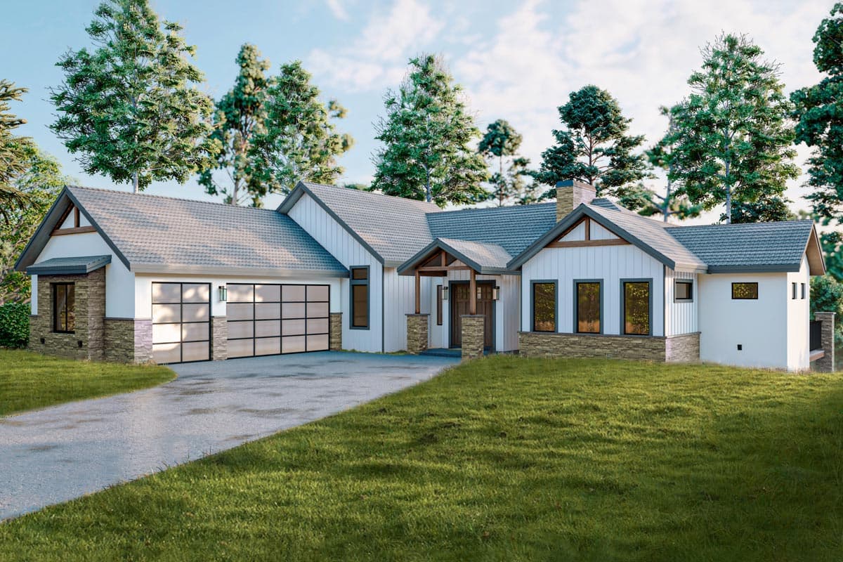 House plan exterior. Modern Farmhouse style with a single story, a gable roof, and an attached garage with a glass panel door.