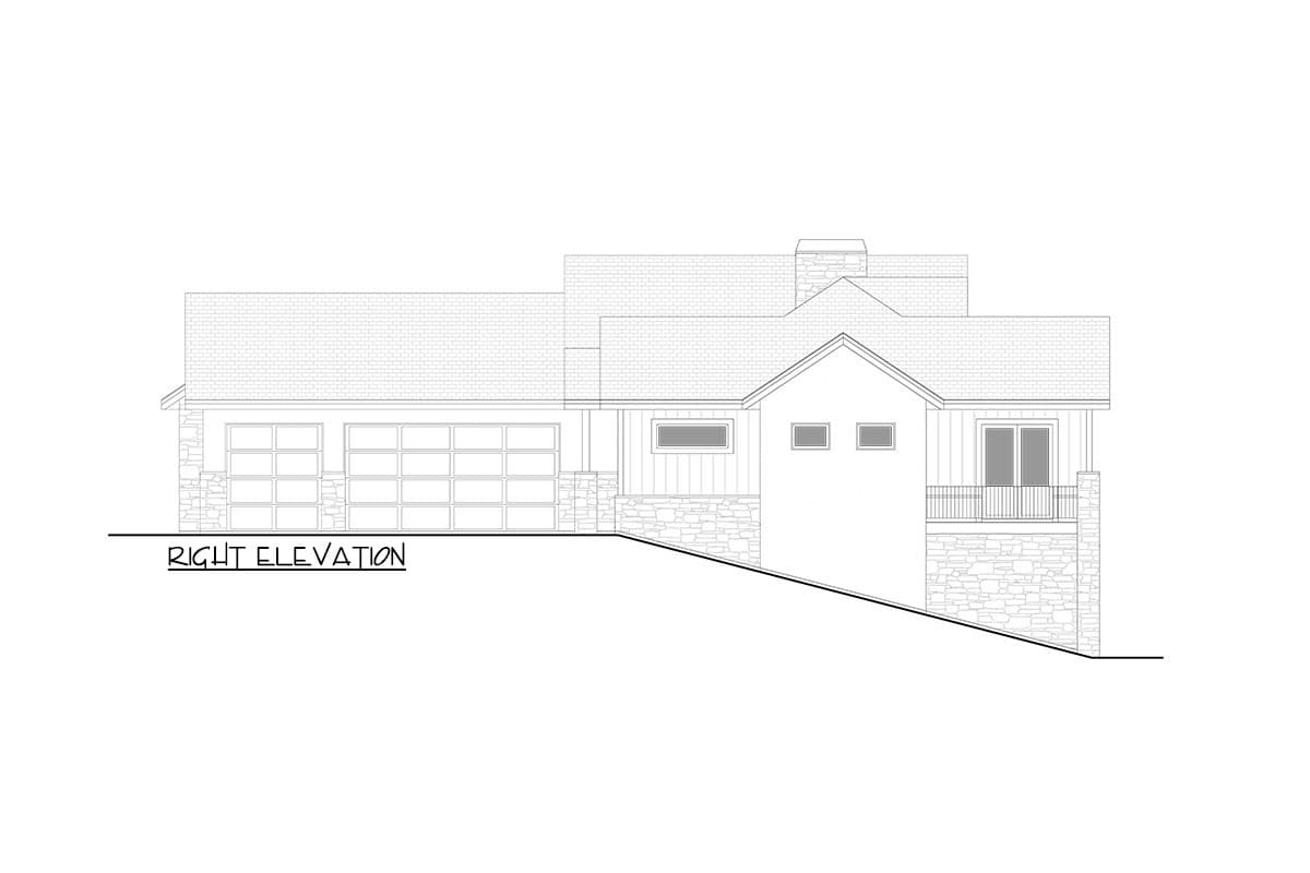 Right elevation drawing of a house plan featuring a three-car garage, stone accents, and a covered deck.