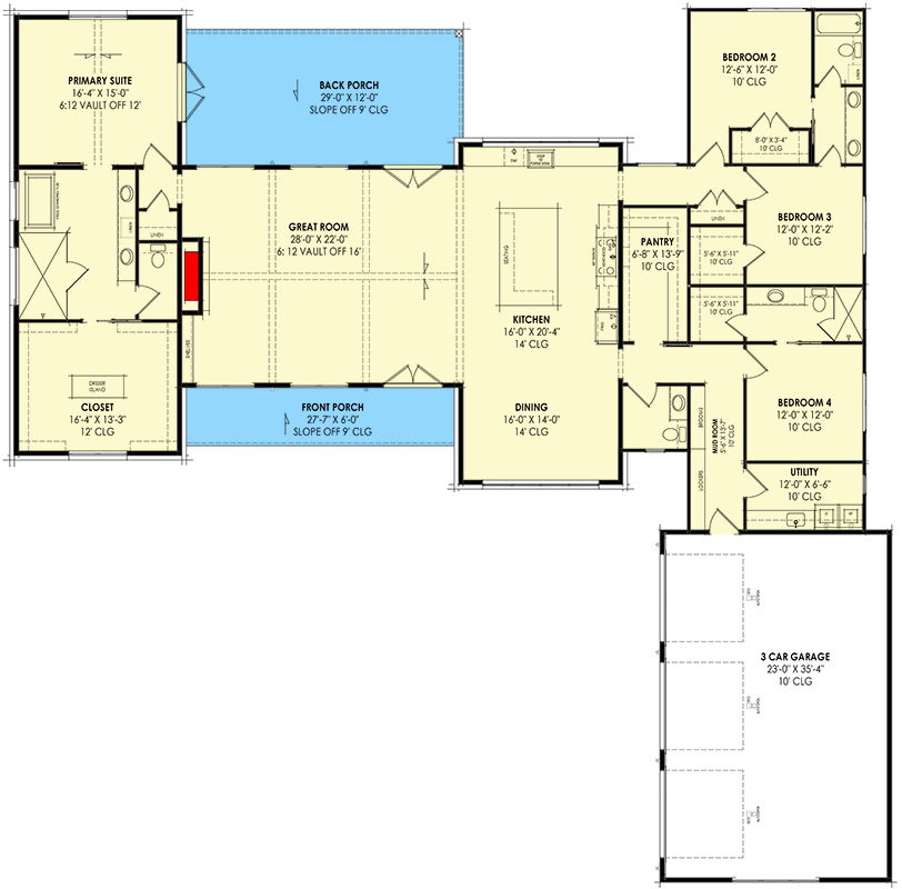 Plan 818053JSS: Split-Bed Scandinavian Farmhouse Plan with 16 Foot Vaulted Great Room - Floor Plan - Main Level - Country, Farmhouse, Modern Farmhouse, New American, Scandinavian
