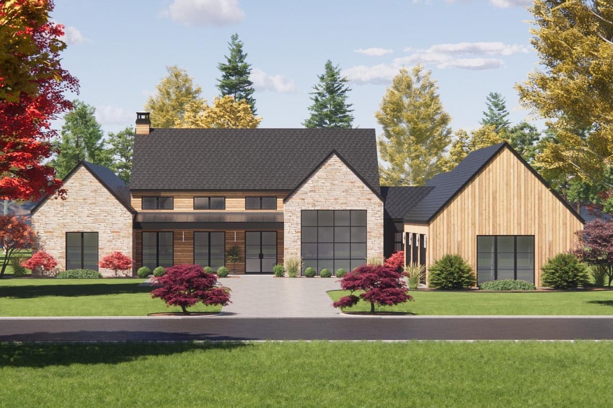 Modern farmhouse house plan exterior with stone and wood siding, a gabled roof, and large windows.