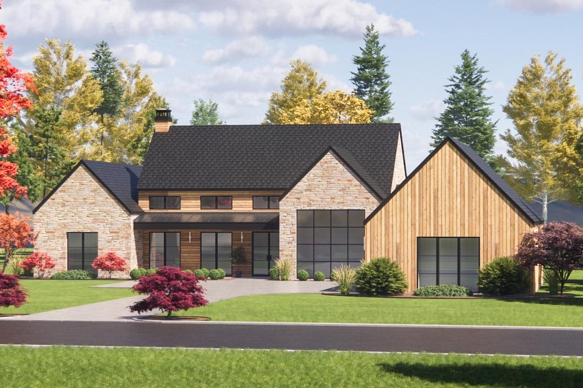 Modern house plan exterior with stone and wood siding, a dark asphalt shingle roof, and large windows.