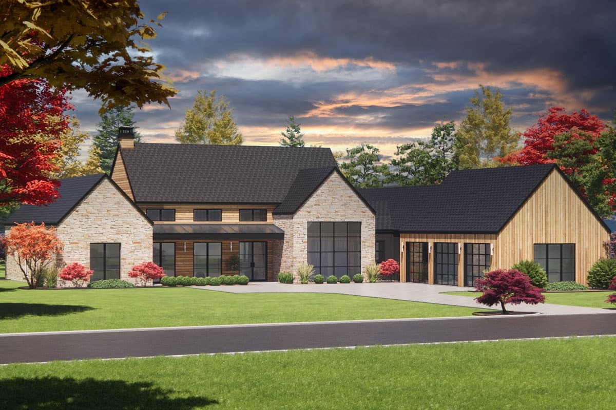 House plan exterior with stone and wood siding, gabled roof, and glass door and window arrangements. Two-car garage with a side entry.